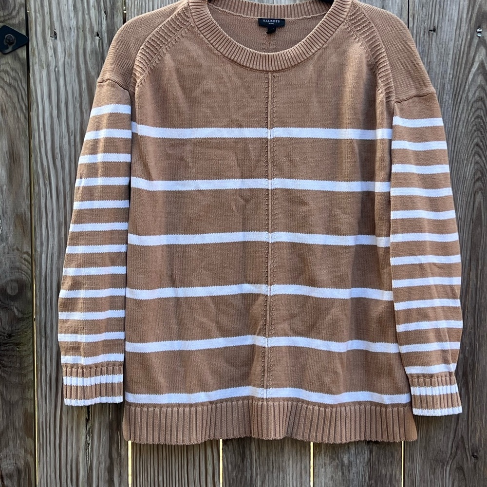 TALBOTS Tan and White Striped Crewneck Sweater Women’s Medium Petite